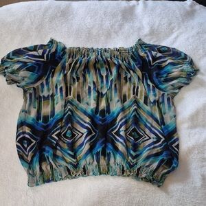Off-Shoulder Geometric Print Women's Top in Blue Sz. XL